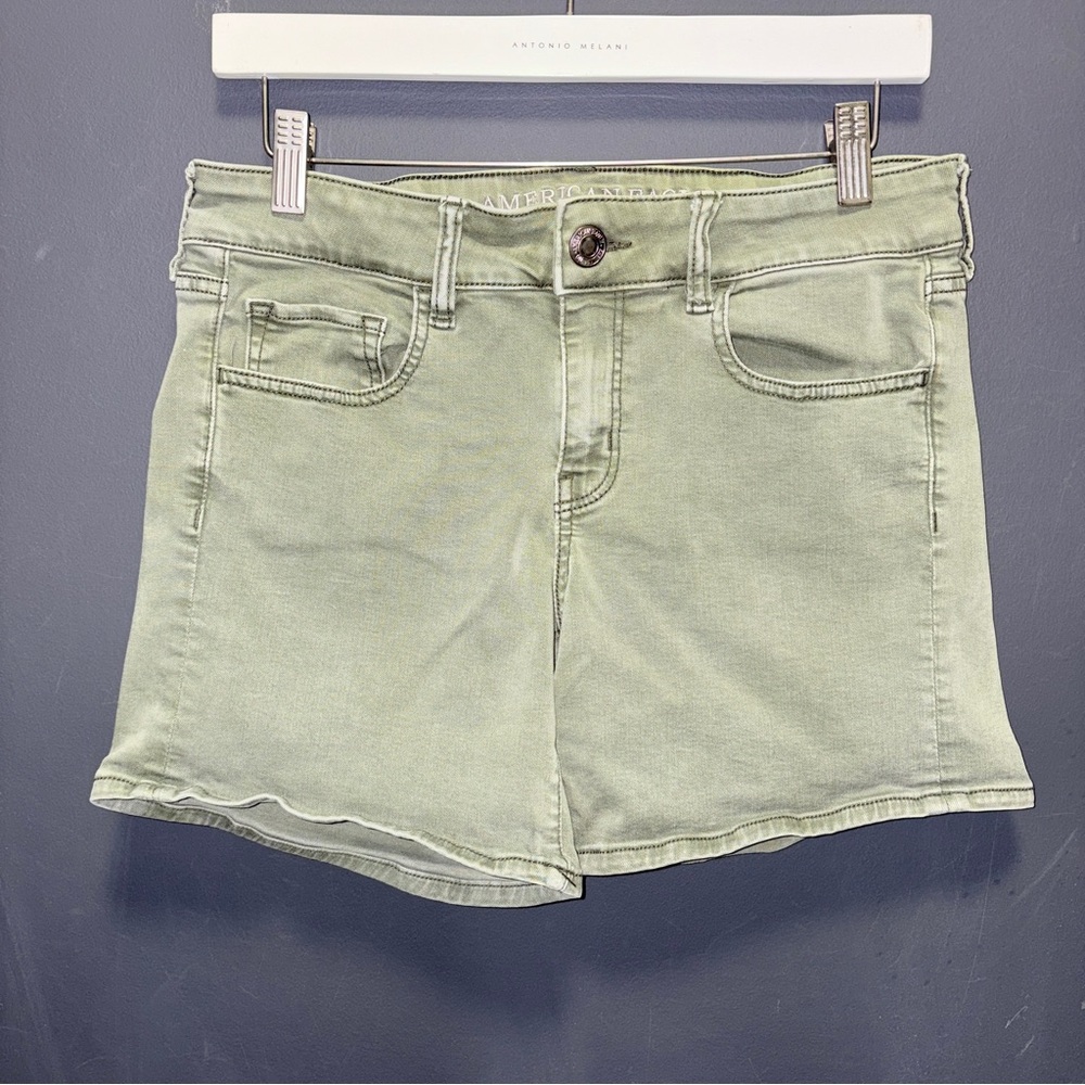 American Eagle Outfitters Women's Midi Olive Green High-Rise Denim Shorts size 8